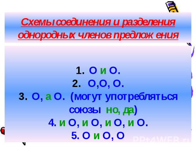 Схемы соединения и разделения однородных членов предложения О и О. О,О, О. О, а О. (могут употребляться союзы но, да) 4. и О, и О, и О, и О. 5. О и О, О