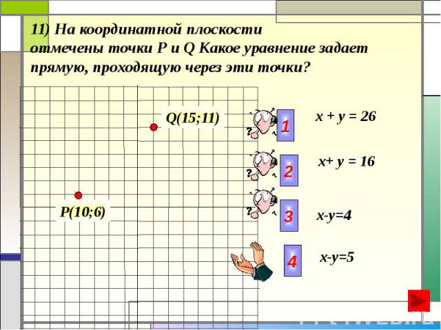 11) На координатной плоскости отмечены точки Р и Q Какое уравнение задает прямую, проходящую через эти точки?