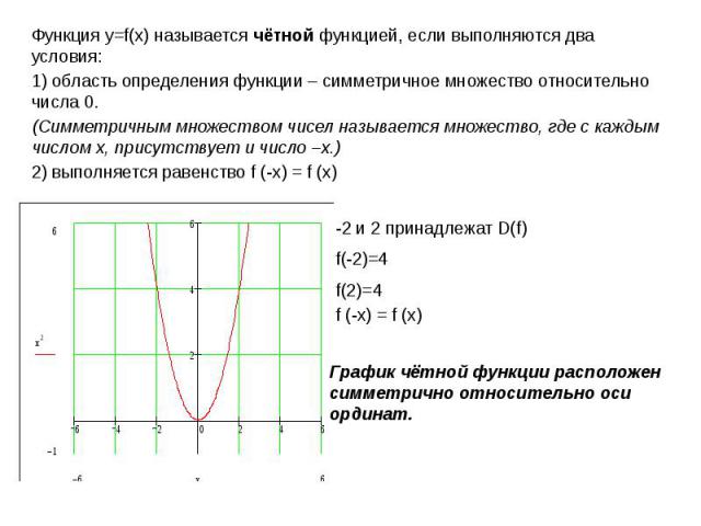 Функция у=f(x) называется чётной функцией, если выполняются два условия: Функция у=f(x) называется чётной функцией, если выполняются два условия: 1) область определения функции – симметричное множество относительно числа 0. (Симметричным множеством …