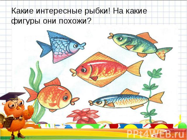 Какие интересные рыбки! На какие фигуры они похожи? Какие интересные рыбки! На какие фигуры они похожи?