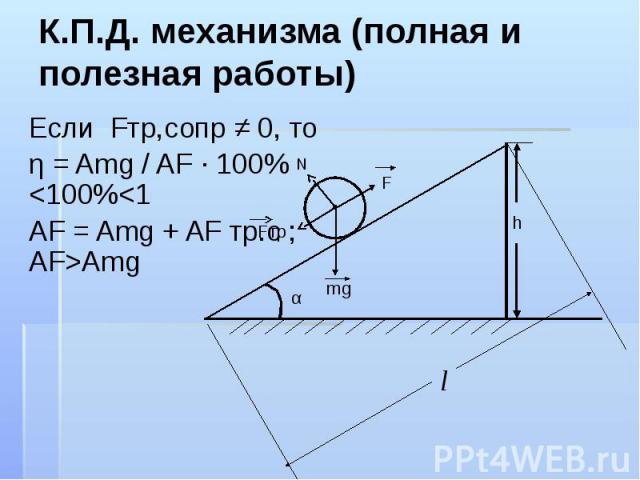 К.П.Д. механизма (полная и полезная работы) Если Fтр,сопр ≠ 0, то η = Amg / AF · 100% <100%<1 AF = Amg + AF тр.с ; AF>Amg