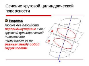 Сечение круговой цилиндрической поверхности Теорема: Любые две плоскости, перпен