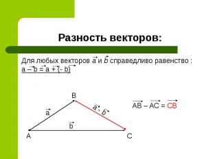 Разность векторов: Для любых векторов a и b справедливо равенство : a – b = a +