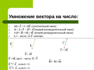 Умножение вектора на число: (kl) • a = k • (la) (сочетательный закон) (k + l) •