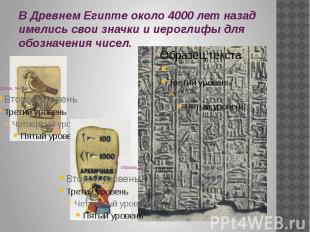 В Древнем Египте около 4000 лет назад имелись свои значки и иероглифы для обозна