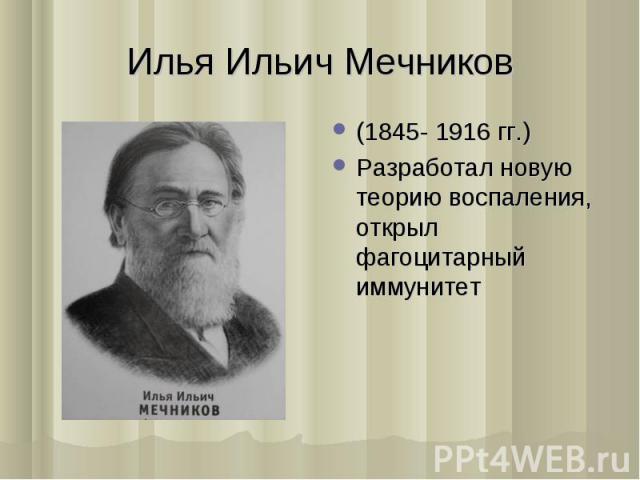 (1845- 1916 гг.) (1845- 1916 гг.) Разработал новую теорию воспаления, открыл фагоцитарный иммунитет