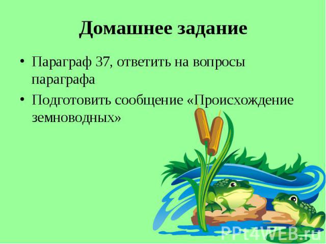 Параграф 37, ответить на вопросы параграфа Параграф 37, ответить на вопросы параграфа Подготовить сообщение «Происхождение земноводных»