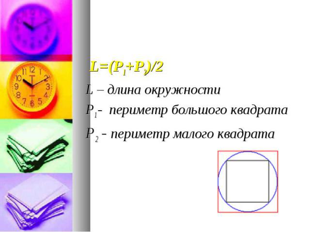 L=(Р1+Р2)/2 L=(Р1+Р2)/2 L – длина окружности Р1 - периметр большого квадрата Р2 - периметр малого квадрата