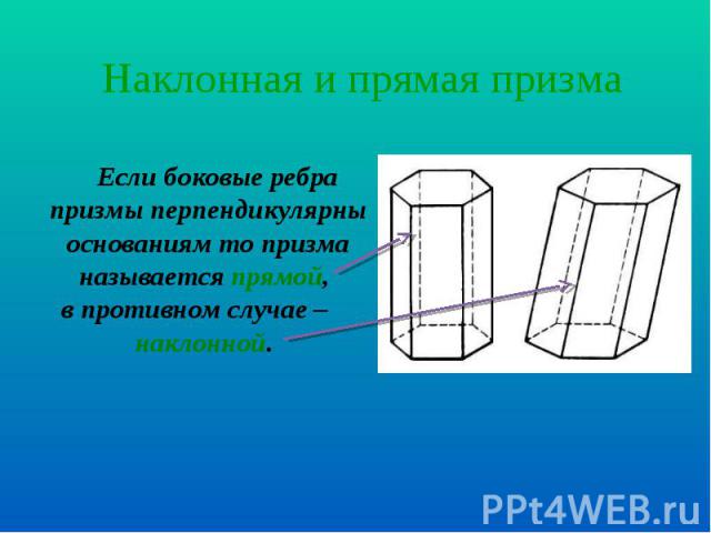Если боковые ребра призмы перпендикулярны основаниям то призма называется прямой, Если боковые ребра призмы перпендикулярны основаниям то призма называется прямой, в противном случае – наклонной.