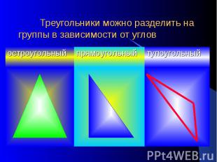 Треугольники можно разделить на группы в зависимости от углов