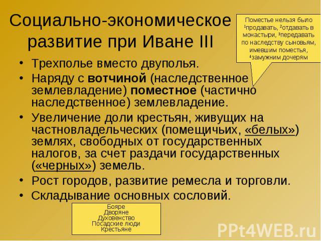 Социально-экономическое развитие при Иване III Трехполье вместо двуполья. Наряду с вотчиной (наследственное землевладение) поместное (частично наследственное) землевладение. Увеличение доли крестьян, живущих на частновладельческих (помещичьих, «белы…