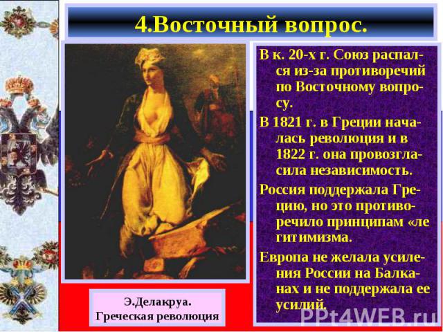 В к. 20-х г. Союз распал-ся из-за противоречий по Восточному вопро-су. В к. 20-х г. Союз распал-ся из-за противоречий по Восточному вопро-су. В 1821 г. в Греции нача-лась революция и в 1822 г. она провозгла-сила независимость. Россия поддержала Гре-…