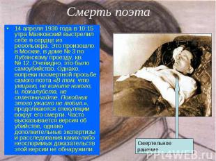14 апреля 1930 года в 10:15 утра Маяковский выстрелил себе в сердце из револьвер