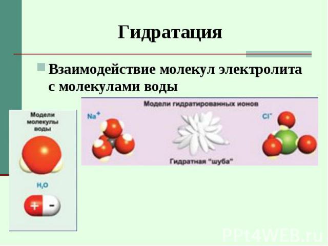 Взаимодействие молекул электролита с молекулами воды Взаимодействие молекул электролита с молекулами воды