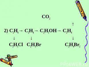 CO2 ↑ 2) C2H6→ C2H4→ C2H5OH→ C2H4 ↓ ↓ ↓ C2H5Cl C2H5Br C2H4Br2