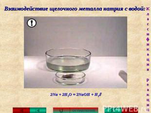 Взаимодействие щелочного металла натрия с водой: 2Na + 2H2O = 2NaOH + H2