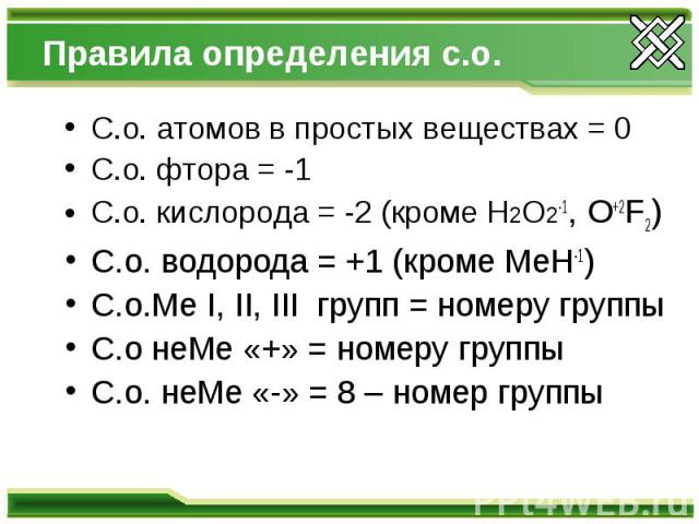 Правила определения с.о. С.о. атомов в простых веществах = 0 С.о. фтора = -1 С.о. кислорода = -2 (кроме Н2О2-1, O+2F2) С.о. водорода = +1 (кроме МеН-1) С.о.Ме I, II, III групп = номеру группы С.о неМе «+» = номеру группы С.о. неМе «-» = 8 – номер группы