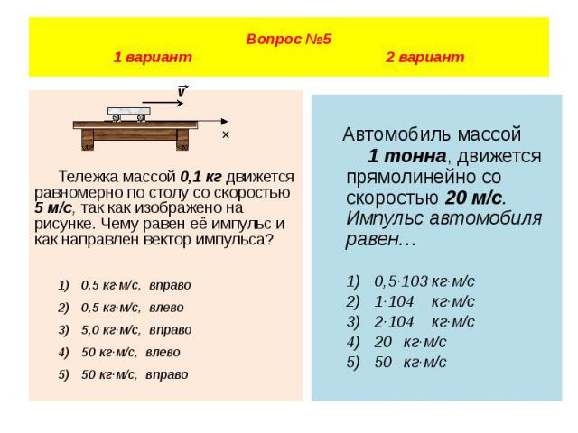 Вопрос №5 1 вариант 2 вариант Тележка массой 0,1 кг движется равномерно по столу со скоростью 5 м/с, так как изображено на рисунке. Чему равен её импульс и как направлен вектор импульса? 1) 0,5 кг·м/с, вправо 2) 0,5 кг·м/с, влево 3) 5,0 кг·м/с, впра…