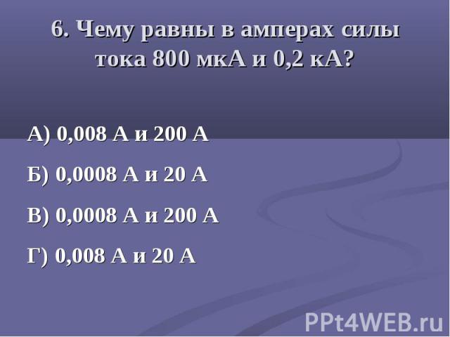А) 0,008 А и 200 А Б) 0,0008 А и 20 А В) 0,0008 А и 200 А Г) 0,008 А и 20 А