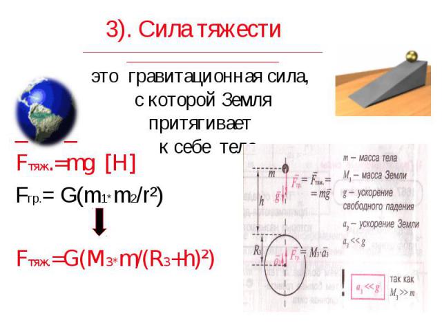 _ _ _ _ Fтяж.=mg [H] Fгр.= G(m1*m2/r²) Fтяж.=G(M3*m/(R3+h)²)