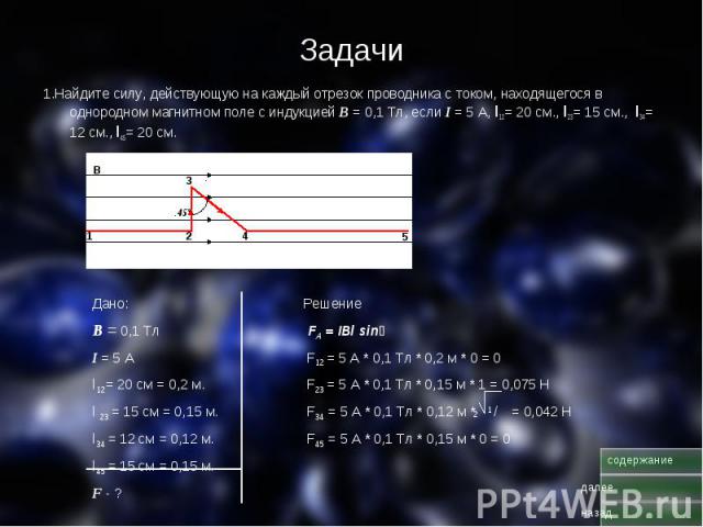 Задачи 1.Найдите силу, действующую на каждый отрезок проводника с током, находящегося в однородном магнитном поле с индукцией В = 0,1 Тл, если I = 5 А, l12= 20 см., l23= 15 см., l34= 12 см., l45= 20 см.