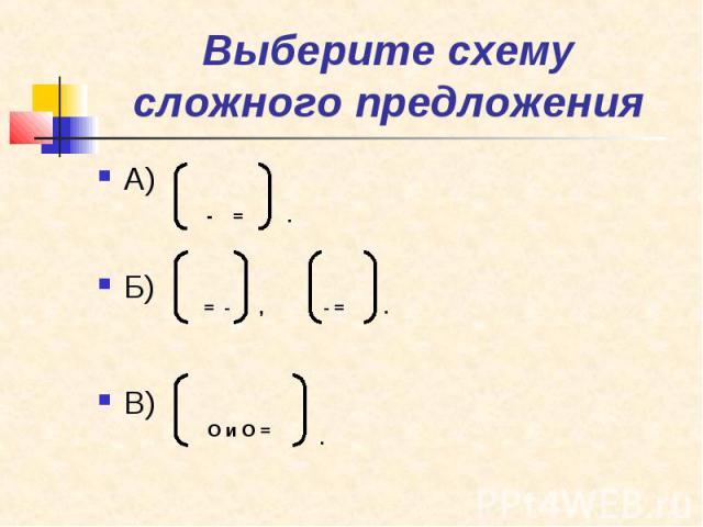 Выберите схему сложного предложения А) Б) В)