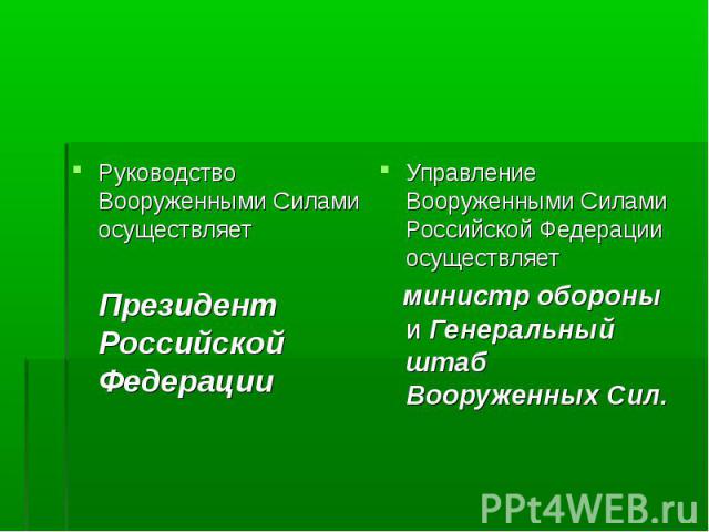 Управление Вооруженными Силами Российской Федерации осуществляет Управление Вооруженными Силами Российской Федерации осуществляет министр обороны и Генеральный штаб Вооруженных Сил.