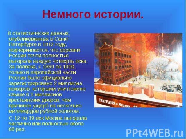 В статистических данных, опубликованных в Санкт-Петербурге в 1912 году, подчеркивается, что деревни России почти полностью выгорали каждую четверть века. За полвека, с 1860 по 1910, только в европейской части России было официально зарегистрировано …
