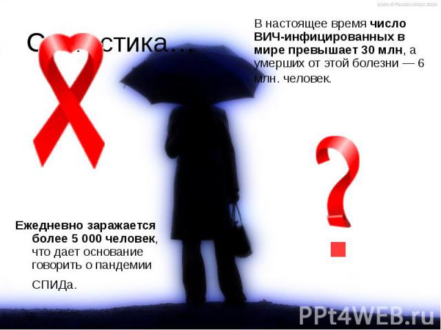 Статистика… В настоящее время число ВИЧ-инфицированных в мире превышает 30 млн, а умерших от этой болезни — 6 млн. человек.