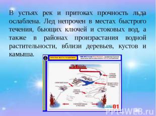 В устьях рек и притоках прочность льда ослаблена. Лед непрочен в местах быстрого