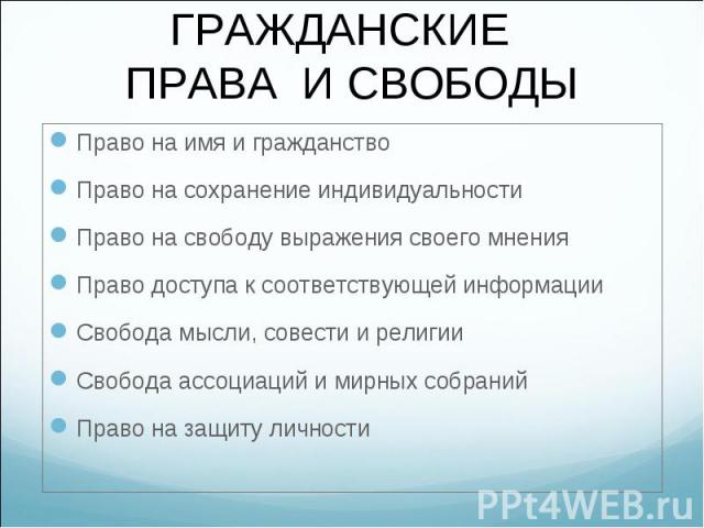 Право на имя и гражданство Право на имя и гражданство Право на сохранение индивидуальности Право на свободу выражения своего мнения Право доступа к соответствующей информации Свобода мысли, совести и религии Свобода ассоциаций и мирных собраний Прав…