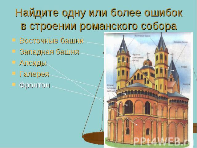 Найдите одну или более ошибок в строении романского собора Восточные башни Западная башня Апсиды Галерея Фронтон