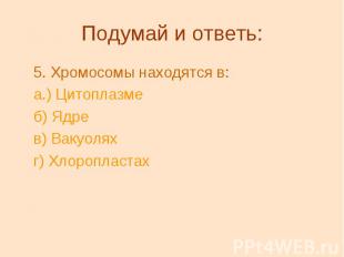 Подумай и ответь: 5.&nbsp;Хромосомы находятся в: а.) Цитоплазме б) Ядре в) Вакуо