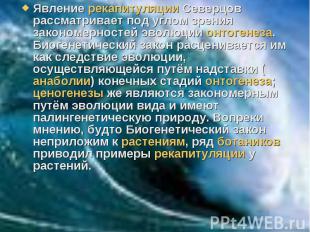 Явление рекапитуляции Северцов рассматривает под углом зрения закономерностей эв