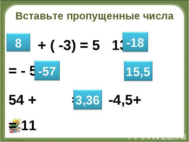 + ( -3) = 5 13 + = - 5 + ( -3) = 5 13 + = - 5 54 + = - 3 -4,5+ = 11 -0,12 + = 3,24
