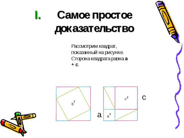 Самое простое доказательство Рассмотрим квадрат, показанный на рисунке. Сторона квадрата равна a + c.