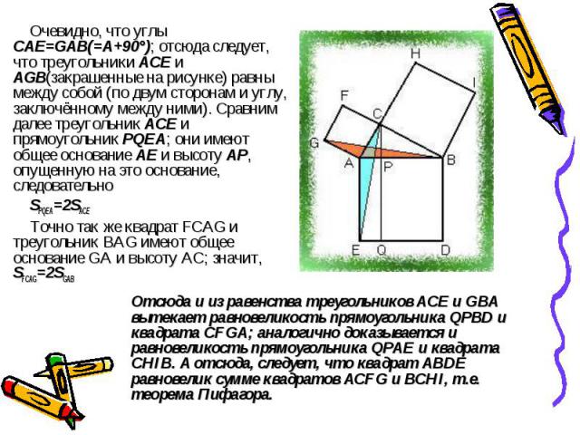Очевидно, что углы CAE=GAB(=A+90°); отсюда следует, что треугольники ACE и AGB(закрашенные на рисунке) равны между собой (по двум сторонам и углу, заключённому между ними). Сравним далее треугольник ACE и прямоугольник PQEA; они имеют общее основани…