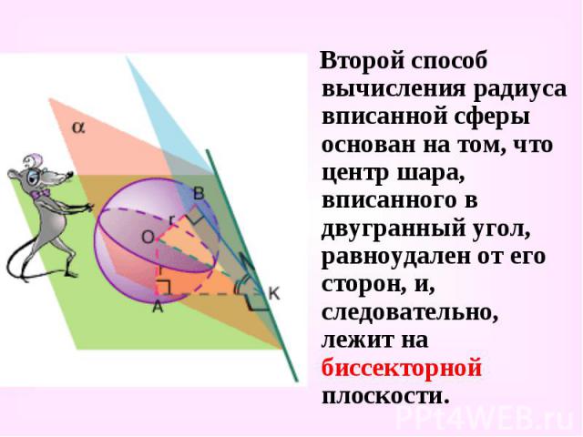 Второй способ вычисления радиуса вписанной сферы основан на том, что центр шара, вписанного в двугранный угол, равноудален от его сторон, и, следовательно, лежит на биссекторной плоскости. Второй способ вычисления радиуса вписанной сферы основан на …