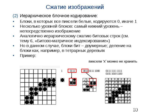 Сжатие изображений Иерархическое блочное кодирование: Блоки, в которых все пиксели белые, кодируются 0, иначе 1 Несколько уровней блоков: самый нижний уровень – непосредственно изображение Аналогично иерархическому сжатию битовых строк (см. тему 6, …