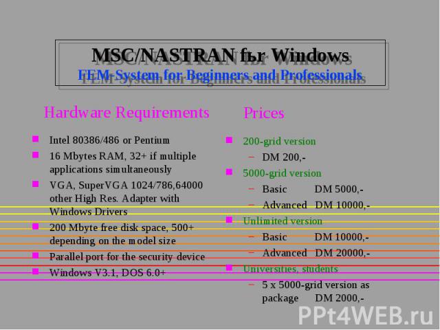 MSC/NASTRAN fьr Windows FEM-System for Beginners and Professionals 200-grid version DM 200,- 5000-grid version Basic DM 5000,- Advanced DM 10000,- Unlimited version Basic DM 10000,- Advanced DM 20000,- Universities, students 5 x 5000-grid version as…