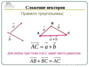 Сложение векторов Правило треугольника: