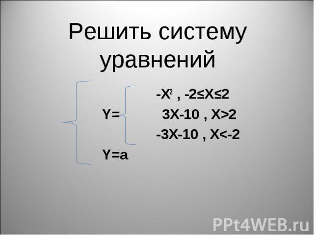 -X2 , -2≤X≤2 -X2 , -2≤X≤2 Y= 3X-10 , X>2 -3X-10 , X<-2 Y=a