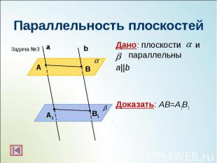 Дано: плоскости и параллельны Дано: плоскости и параллельны a||b Доказать: АВ=А1