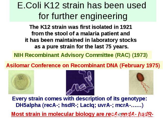E.Coli K12 strain has been used for further engineering