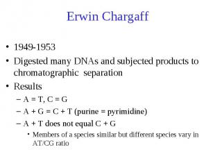 Erwin Chargaff 1949-1953 Digested many DNAs and subjected products to chromatogr