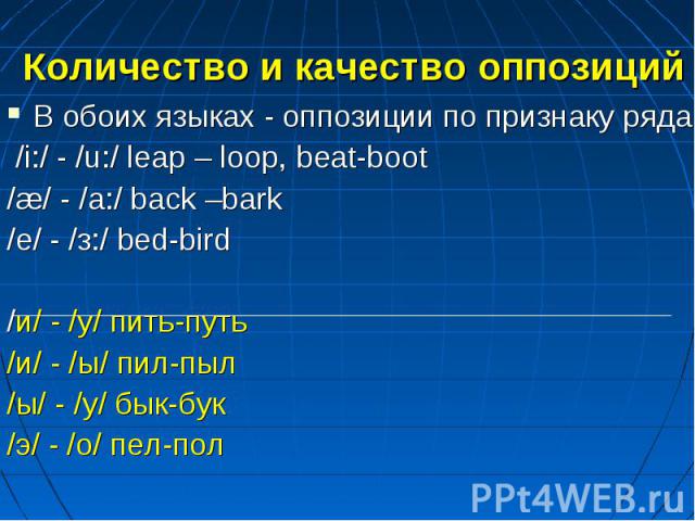 В обоих языках - оппозиции по признаку ряда: В обоих языках - оппозиции по признаку ряда: /i:/ - /u:/ leap – loop, beat-boot /æ/ - /a:/ back –bark /e/ - /з:/ bed-bird /и/ - /у/ пить-путь /и/ - /ы/ пил-пыл /ы/ - /у/ бык-бук /э/ - /о/ пел-пол