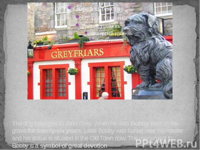 The dog belonged to John Grey. When he died Bobby lived on his grave for twenty-six years. Later Bobby was buried near his master and his statue is situated in the Old Town now. The monument to Bobby is a symbol of great devotion