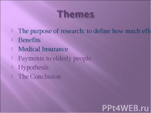The purpose of research: to define how much effectively state of general welfare The purpose of research: to define how much effectively state of general welfare Benefits Medical Insurance Payments to elderly people Hypothesis The Conclusion
