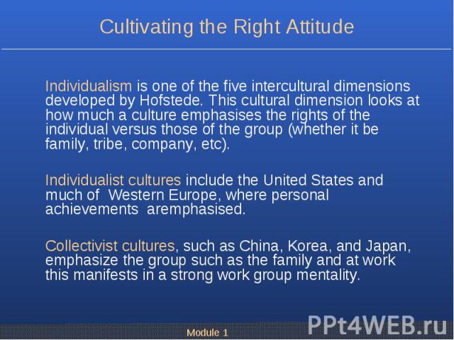 Individualism is one of the five intercultural dimensions developed by Hofstede. This cultural dimension looks at how much a culture emphasises the rights of the individual versus those of the group (whether it be family, tribe, company, etc). Indiv…
