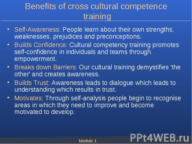 Self-Awareness: People learn about their own strengths, weaknesses, prejudices and preconceptions. Self-Awareness: People learn about their own strengths, weaknesses, prejudices and preconceptions. Builds Confidence: Cultural competency training pro…